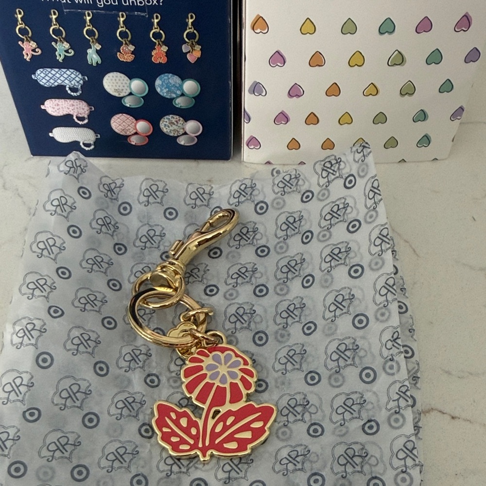 Roller Rabbit Mystery Box Gold-Tone Red & Pink Daisy Keychain Charm